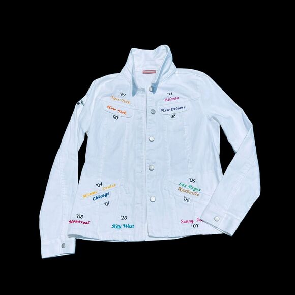 Nordstrom Jean Jacket White Womens Cities Enbroidered Long Slve Collared Small - Picture 1 of 12